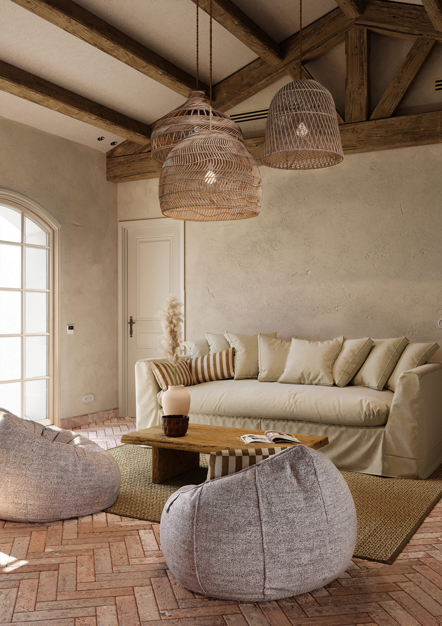 Une perspective 3D d'un salon dans un esprit provencal.