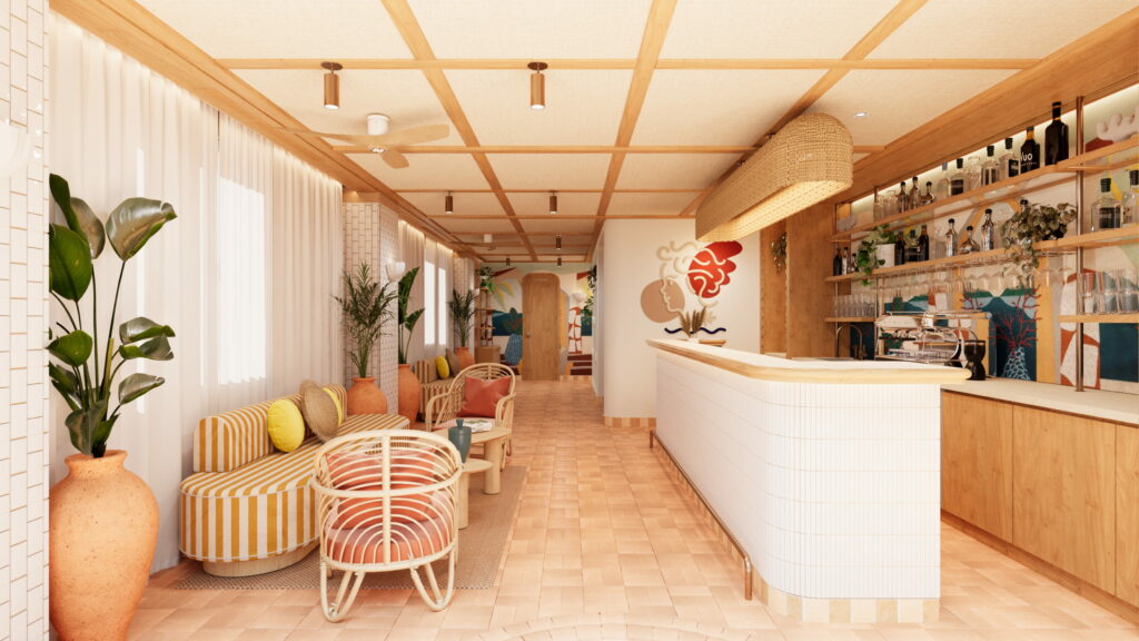 Visualisation 3D d'un lobby d'hotel situé à Menton